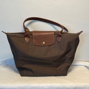 Longchamp Le Pliage Classic Tote in Brown with Leather Trim